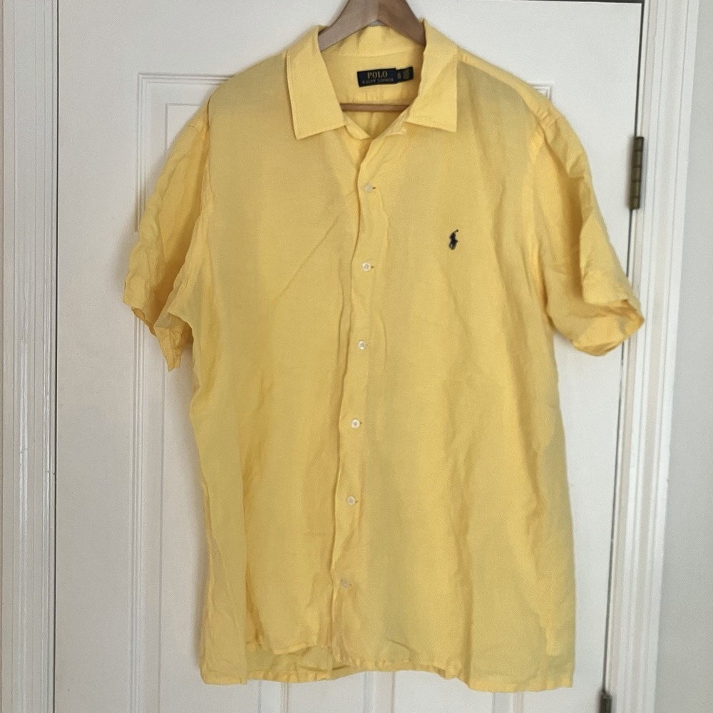 Polo Ralph Lauren Silk Linen Loop Collar Camp Shirt Men's XL yellow Short Sleeve